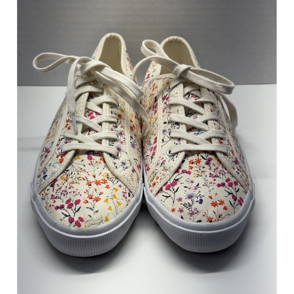 Old Navy Neutral Floral Canvas Vulc Sneakers Women 10 Cream Pink Flowers Lace Up - Picture 2 of 8